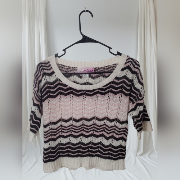 At Last Vintage Pink and Brown Eyelet Sweater - Picture 1 of 5